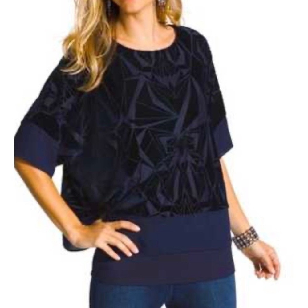 Chicos Navy Blue Velvet Burnout Geometric Layered Dolman Sleeve Top Size 0 Small